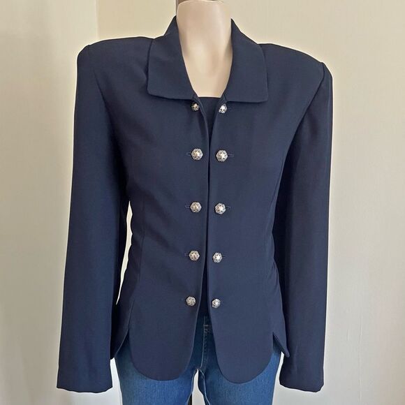 Vintage Leslie Fay Navy Blazer 12 Pearl Buttons Sheer 80s Power Jacket - Picture 1 of 7